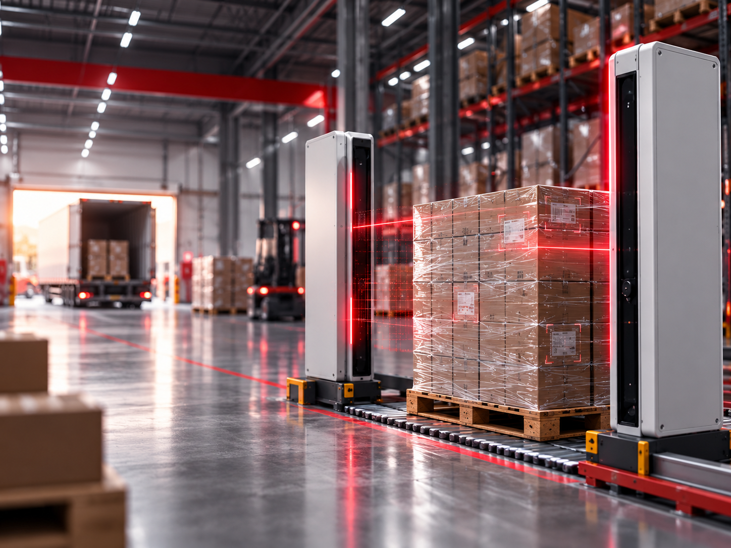 Centro de distribuição com portal RFID, pallets e operação logística automatizada